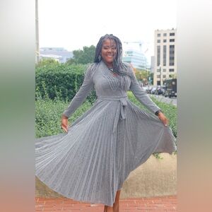 Silver, full length A-line dress designed by WHY.